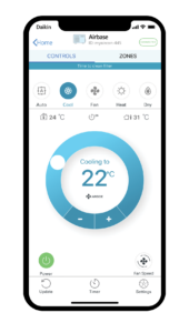Daikin Airbase app interface displaying air conditioner settings including Dry Mode, temperature control, and fan speed options.