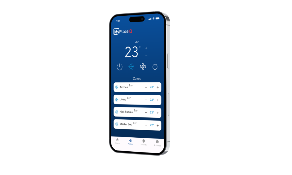 MyPlaceIQ iPhone App controller showing different zones and their respective temperature