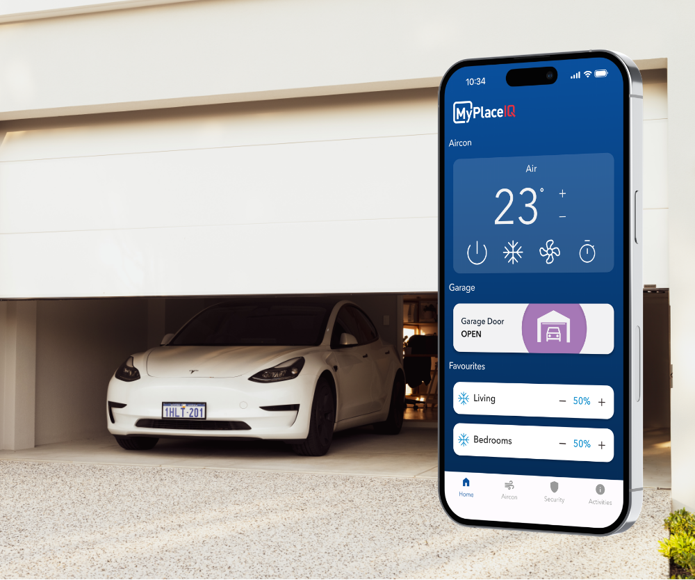 Home Garage Door opening with white car instead. iPhone screen overlayed on background with MyPlaceIQ application open to show the phones remotely controlling the garage door.